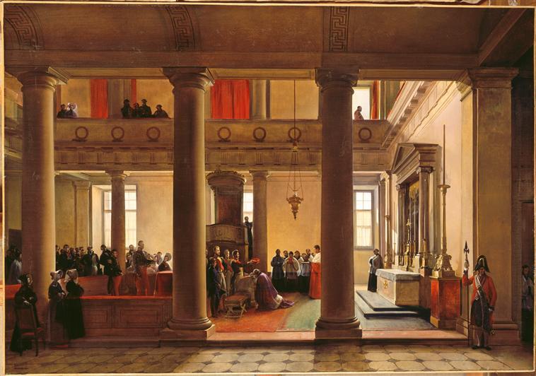 Le roi Louis-Philippe remet la barrette au cardinal de Cheverus dans la chapelle des Tuileries.10 mars 1836