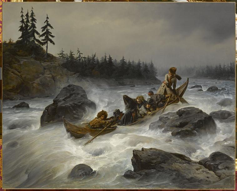 LE DUC D'ORLEANS DESCENDANT LE GRAND RAPIDE DE L'EIJANPAIKKA SUR LE FLEUVE MUONIO (LAPONIE) .AOUT 1795