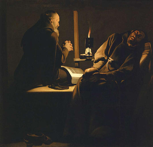 EXTASE DE SAINT FRANCOIS ; DIT AUTREFOIS UN MOINE EN PRIERE PRES D'UN MOINE MOURANT