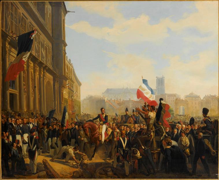LOUIS-PHILIPPE DUC D'ORLEANS, LIEUTENANT GENERAL DU ROYAUME, ARRIVANT A L'HOTEL DE VILLE DE PARIS.31 JUILLET 1830