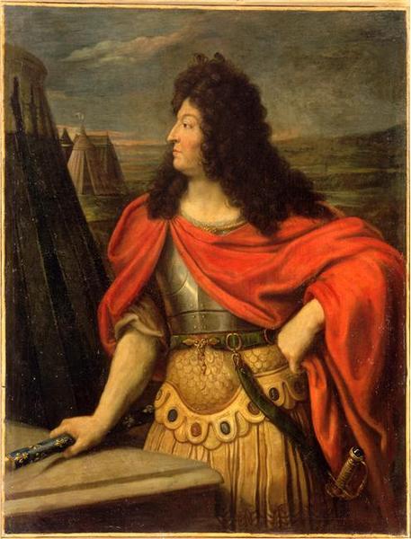 Louis XIV de profil, vêtu à la romaine devant un campement militaire ; Louis XIV, roi de France et de Navarre (1638-1715) (autre titre)