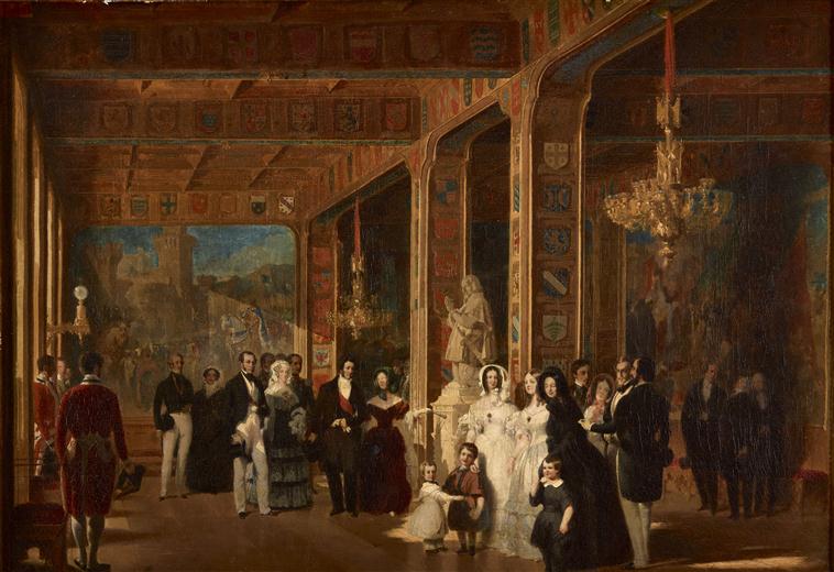 LOUIS-PHILIPPE, LA REINE, LE ROI LEOPOLD 1ER ET LA REINE DES BELGES, VISITANT LA GRANDE SALLE DES CROISADES. JUILLET 1844
