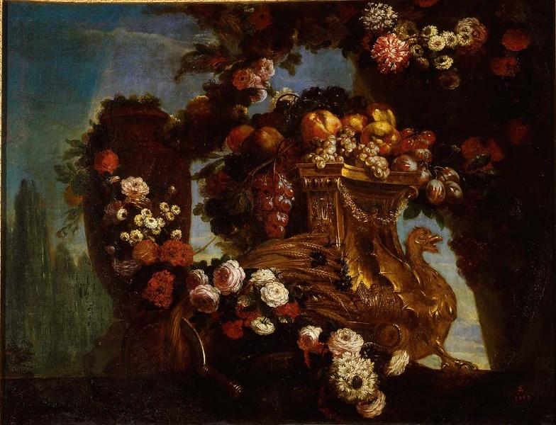 Foyer d'or triangulaire orné d'un griffon, de fleurs et de fruits avec des épis de blé
