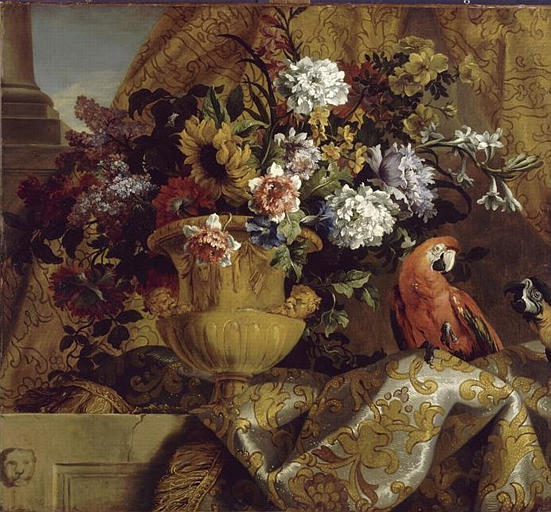 VASE D'OR AVEC DES FLEURS ET DES PERROQUETS