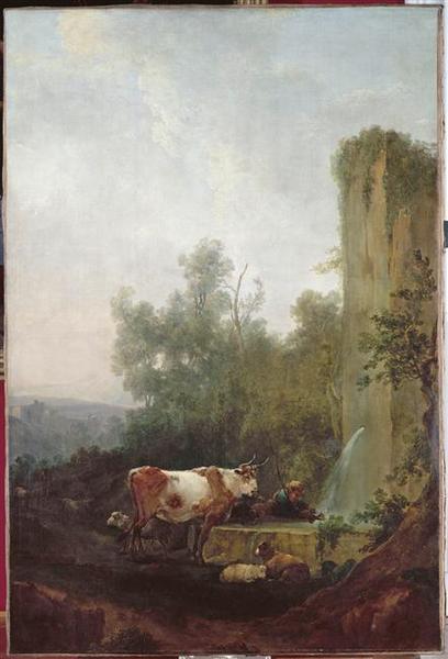 Troupeau près d'une fontaine