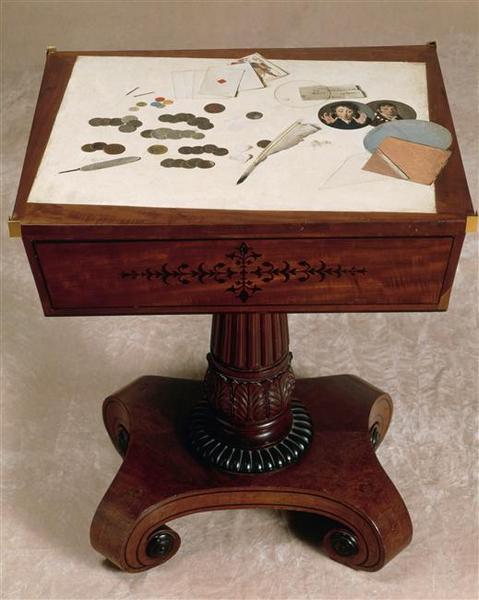 Trompe-l'oeil aux pièces de monnaies, sur le plateau d'un guéridon