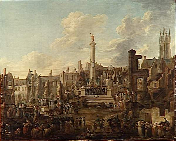 LA PROCLAMATION, DANS LES RUINES DE LILLE, DU DECRET DE LA CONVENTION : 'LES HABITANTS DE LILLE ONT BIEN MERITE DE LA PATRIE'