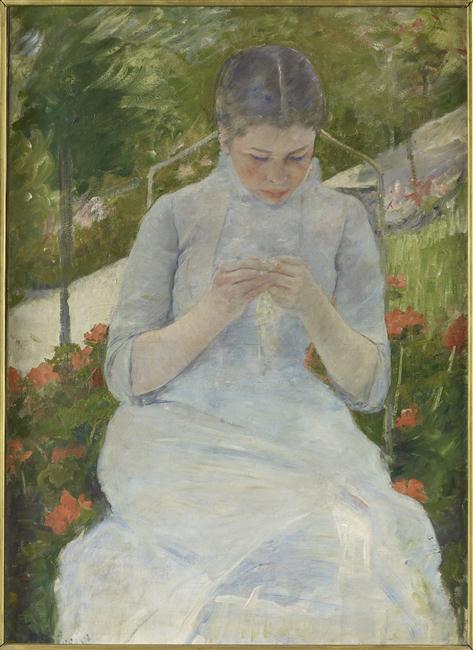 FEMME COUSANT ; dit aussi JEUNE FILLE TRAVAILLANT OU FEMME COUSANT DANS UN JARDIN