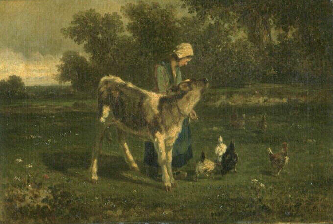 Petite fermière et son veau