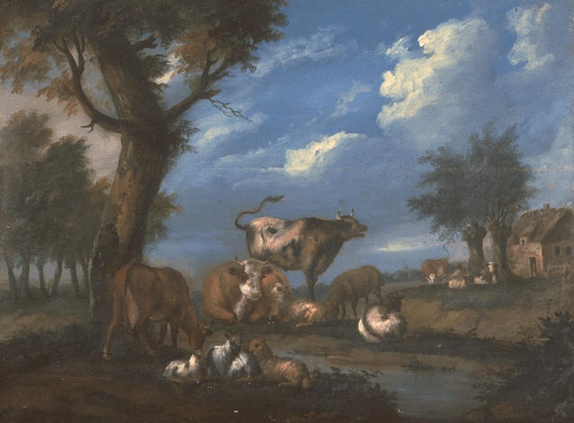 PAYSAGE OMBRAGE AVEC UN TROUPEAU DE CHEVRES, DE VACHES ET DE MOUTONS