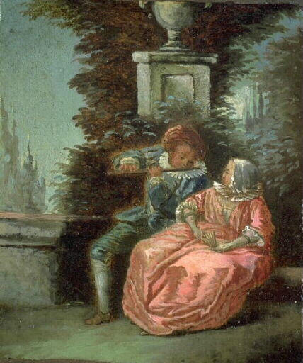 Joueur de flûte avec jeune femme dans un parc