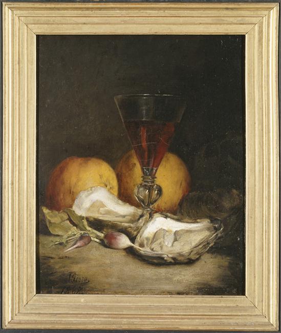NATURE MORTE : VERRE, POMMES, HUITRES