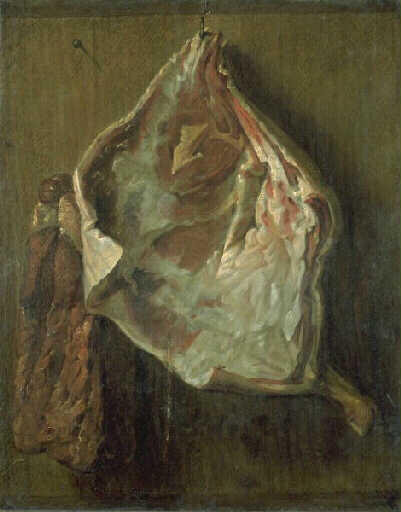 Quartiers de viande pendus contre un mur