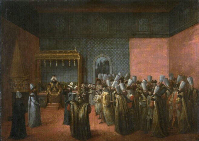 Réception de l'Ambassadeur de France, le vicomte d'Andrezel, par le Sultan Ahmed III, le 17 octobre 1724, à Constantinople : l'audience du Sultan ; Réception des ambassadeurs français chez les Turcs (ancien titre) ; Réception de M. de Guilleragues, 1760 (ancien titre) ; Réception de M. de Nointel par Mohamed IV en 1671 (ancien titre) ; Réception d'un ambassadeur de Grande-Bretagne sous Georges II (ancien titre)