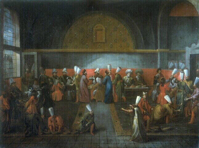 Réception de l'Ambassadeur de France, le vicomte d'Andrezel, par le Sultan Ahmed III, le 17 octobre 1724, à Constantinople : le dîner offert par le Grand Vizir Ibrahim Pacha ; Repas qui suit la réception des ambassadeurs Français chez les Turcs (ancien titre) ; Repas qui suit la réception de M. de Guillergues, 1670 (ancien titre) ; Repas qui suit la réception de M. de Nointel par Mohamet IV en 1671 (ancien titre) ; Repas offert à un ambassadeur de Grande-Bretagne sous Georges II (ancien titre)