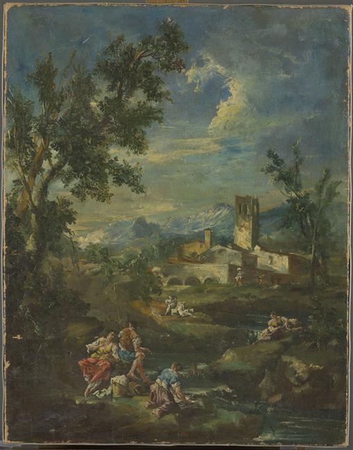 PAYSAGE MONTAGNEUX AVEC FEMMES LAVANT DU LINGE DANS UN RUISSEAU