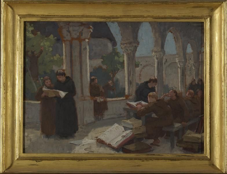 BENEDICTINS ECRIVANT DANS UN CLOITRE