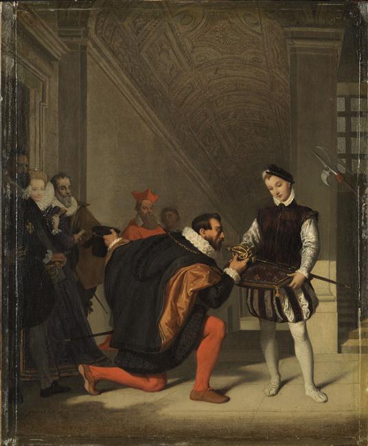 DON PEDRO DE TOLEDE, AMBASSADEUR DE PHILIPPE II, BAISANT L'EPEE D'HENRI IV AU LOUVRE