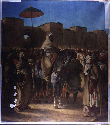 Muley-Abd-Err-Rahman, sultan du Maroc, sortant de son palais de Meniquez, entouré de sa garde et de ses principaux officiers (mars 1832)