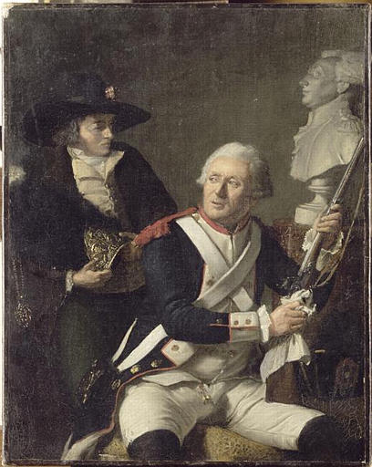 La Tour d'Auvergne en Grenadier assis devant le buste de La Fayette prépare le fusil qu'il va porter en remplacement du fils malade de son ami et compatriote l'historien breton Brigand
