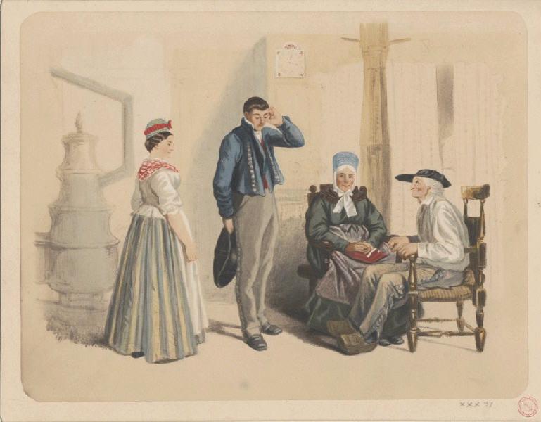 Scène de demande en mariage en Alsace ; Photographie coloriée à la main par l'artiste