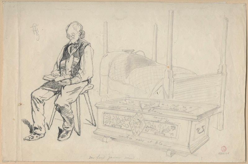 Paysan de Preuschdorf lisant, huche et lit ; Paysanne courant avec des bassines vides