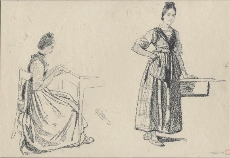 Deux jeunes filles de Hunspach ; Dessin préparatoire pour une lithographie