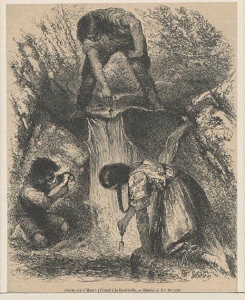 Bohémiens d'Alsace pêchant à la fourchette ; Planche extraite d'un journal