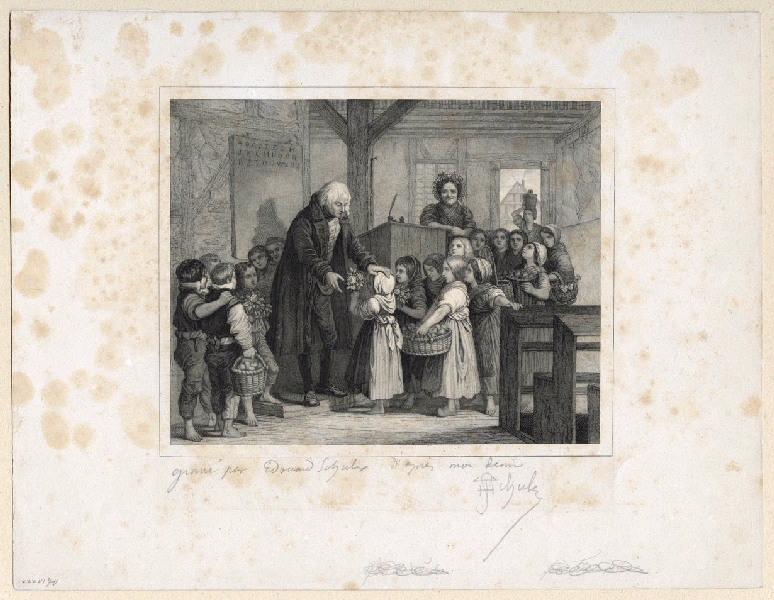 Enfants remettant des fleurs au maître