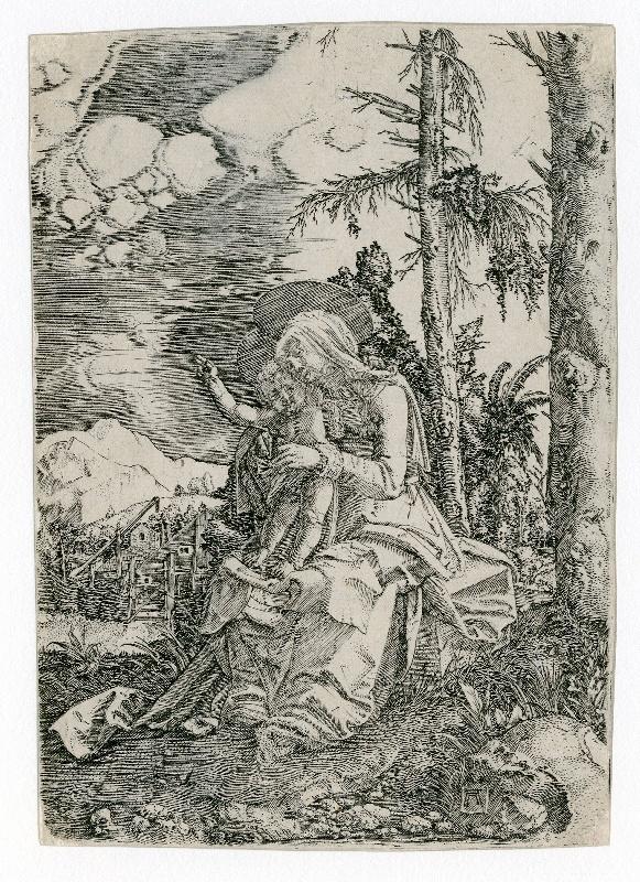 Vierge à l'enfant bénissant dans un paysage