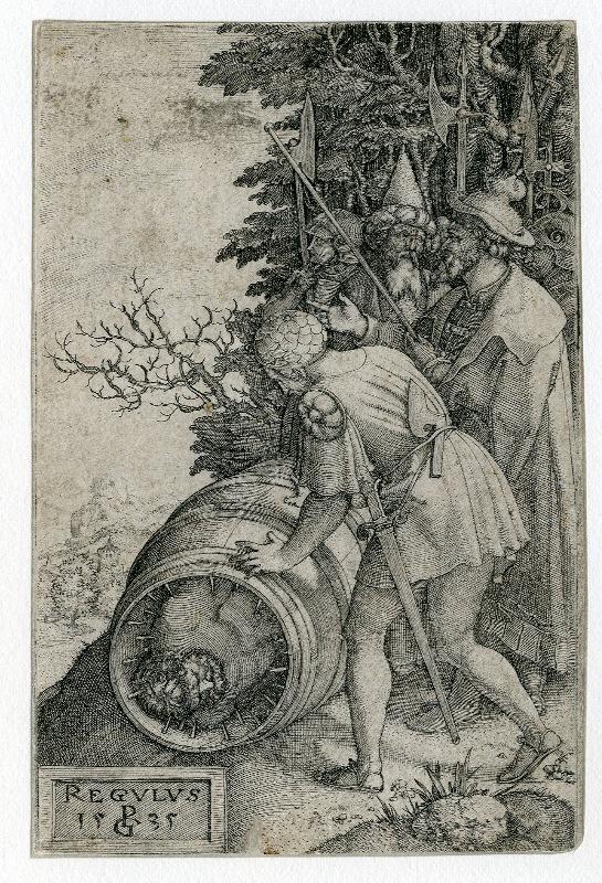 Quatre sujets de l'Histoire romaine : Regulus enfermé par les carthaginois dans un tonneau