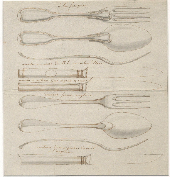 Ensemble de couverts et couteau ; Dessin de couverts (à la française et à l'anglaise et de trois couteaux) ; Dessin d'orfèvrerie (à la française et à l'anglaise et de trois couteaux)
