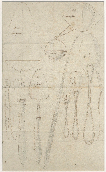Couverts (à servir : pince à sucre, pelle à tarte, pelle à beurre, passoire à thé, cuiller à punch, pelle à sel, pelle à glace vue de dos et de profil, cuiller de service) ; Dessin d'orfèvrerie (à servir : pince à sucre, pelle à tarte, pelle à beurre, passoire à thé, cuiller à punch, pelle à sel, pelle à glace vue de dos et de profil, cuiller de service)