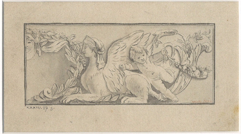 Sphinge ailée et amour ; Rinceaux ; Dessin d'orfèvrerie