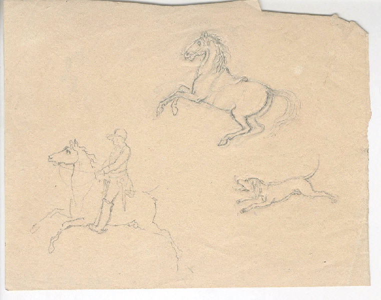 Cavalier ; Cheval ; Chien de chasse ; Dessin d'orfèvrerie