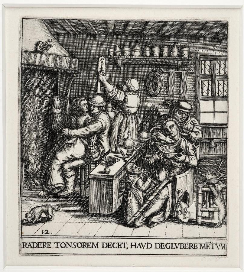 Emblemata saecularia (planche 12) ; RADERE TONSOREM DECET, HAUD DEGLUBERE METUM (planche 12)