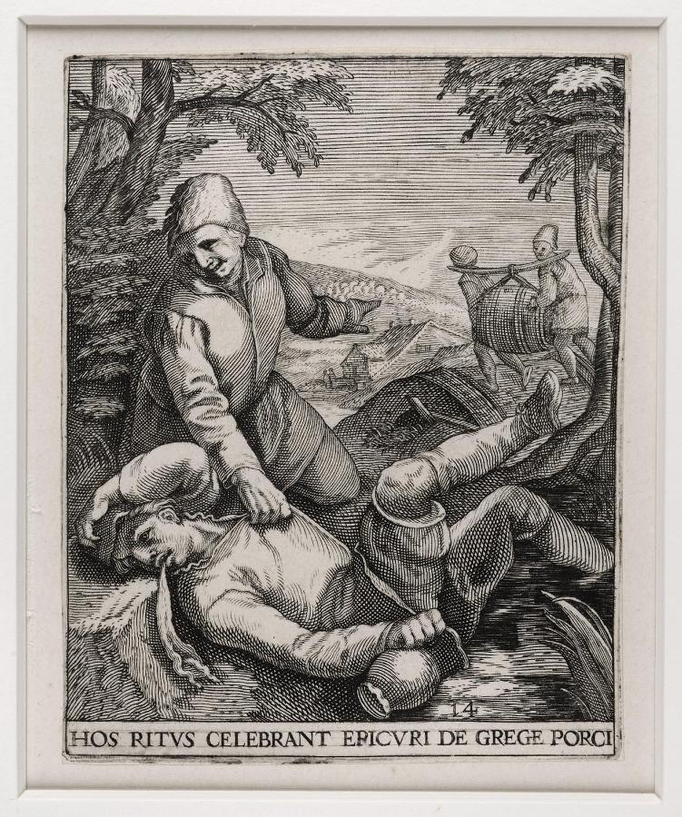 Emblemata saecularia (planche 14) ; HOS RITUS CELEBRANT EPICURI DE GREGE PORCI