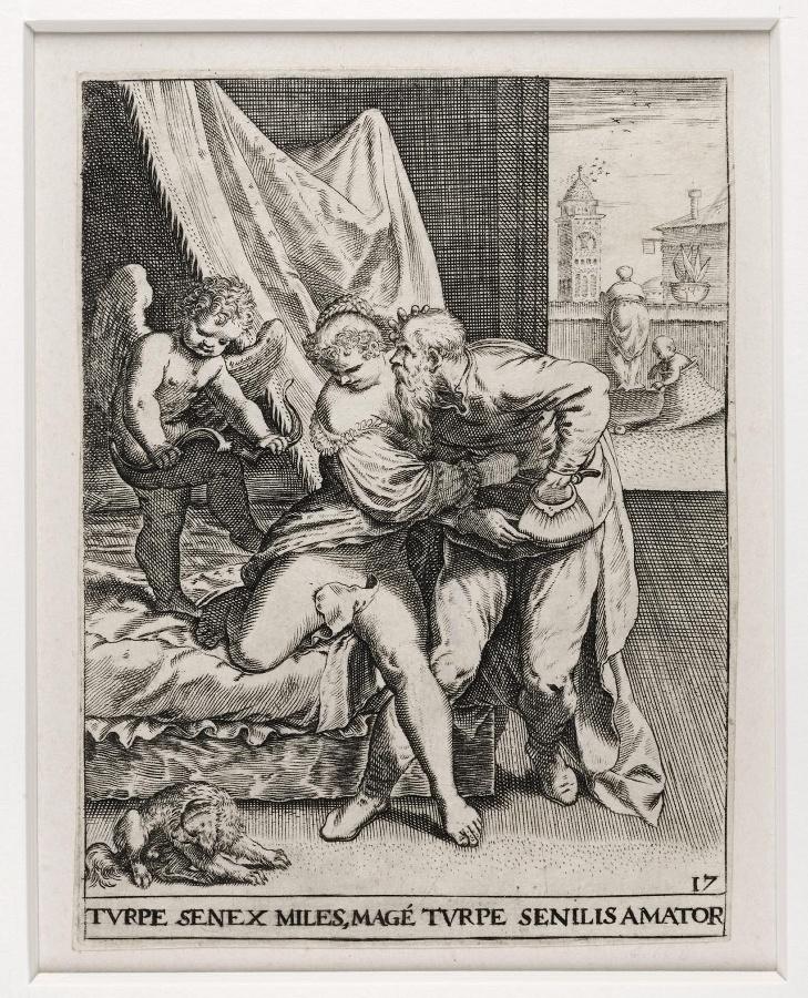 Emblemata saecularia (planche 17) ; TURPE SENEX MILES, MAGE TURPE SENILIS AMATOR
