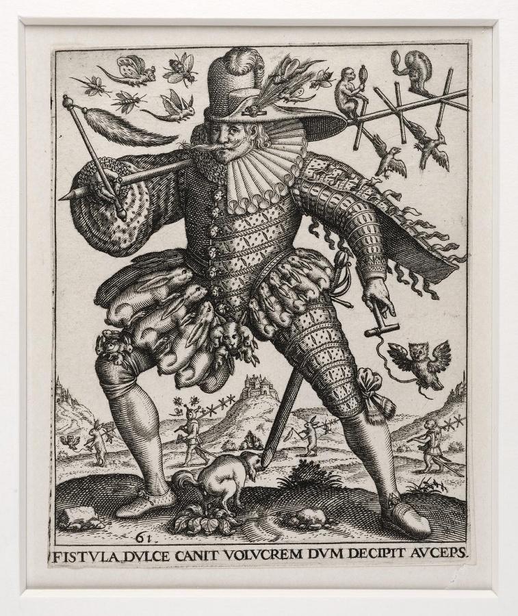 Emblemata saecularia (planche 61) ; FISTULA DULCE CANIT VOLUCREM DUM DECIPIT AUCEPS