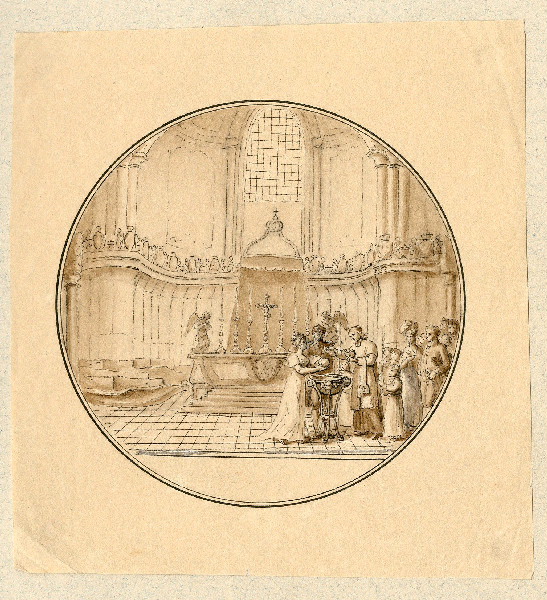 Baptême dans le choeur de la cathédrale de Strasbourg ; Dessin d'orfèvrerie ; Album de dessins d'orfèvrerie