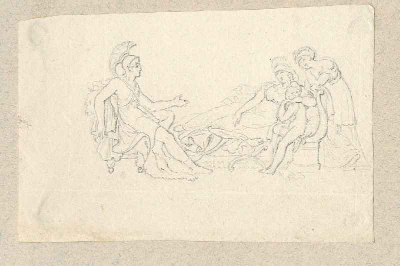 Personnages ; Enée racontant les malheurs de Troie à Didon ; Dessin d'orfèvrerie