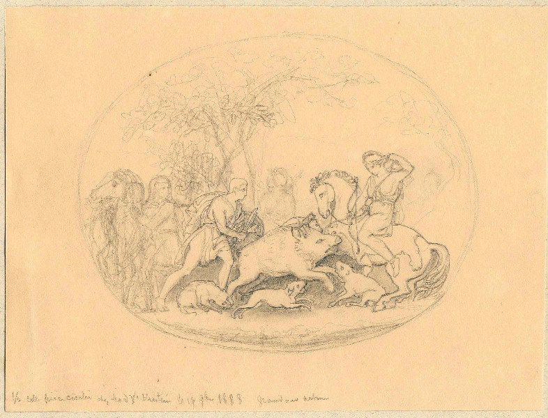 Amazone chassant un sanglier ; Dessin d'après un relief de l'orfèvre Joachim-Friedrich Kirstein ; Dessin d'orfèvrerie