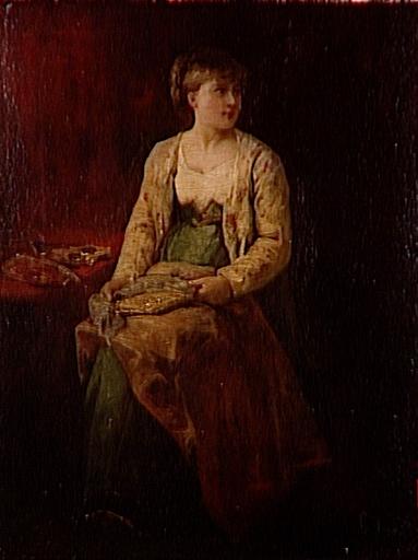 Jeune Paysanne cousant ; Nähendes Bauernmädchen (Traduction) ; Alsacienne au bonnet doré (Ancien titre donné par l'artiste)