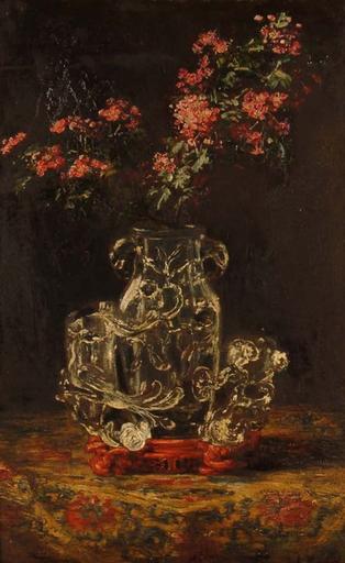 Le vase de cristal de roche ; Bouquet d'épines roses dans un vase de cristal taillé chinois (Titre attribué)