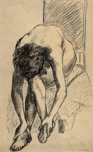 Etude de femme assise se tenant les chevilles