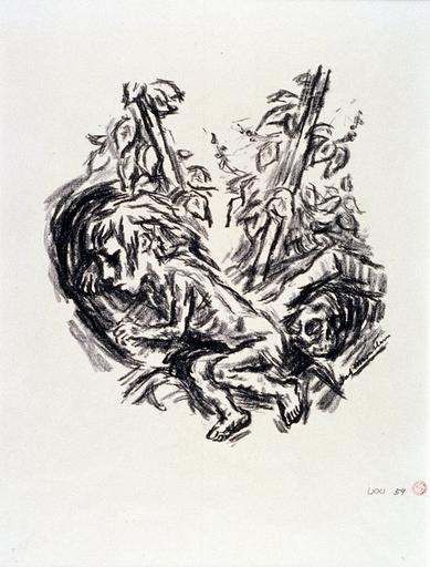 Composition avec enfant endormi auprès d'une tête de mort