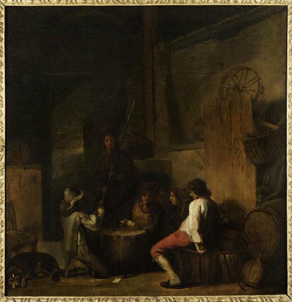 Soldats et paysans dans une grange