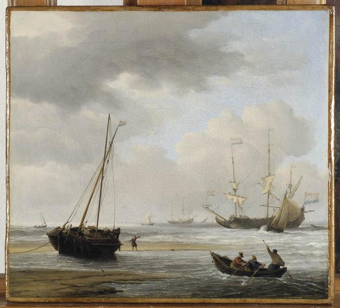 Scène de côte avec navires de guerre et de pêche ; Marine