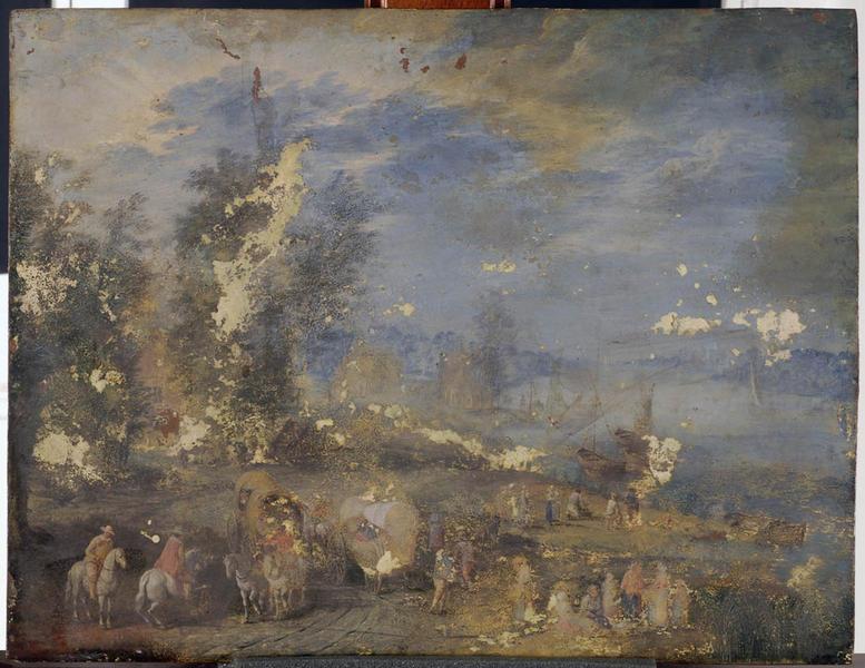 Paysage fluvial avec cavaliers, villageois et pêcheurs