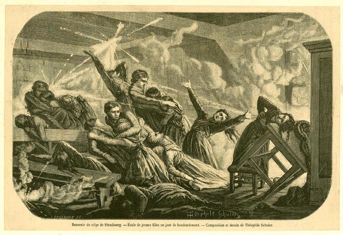 Ecole de jeunes filles par un jour de bombardement ; Souvenir du bombardement de Strasbourg
